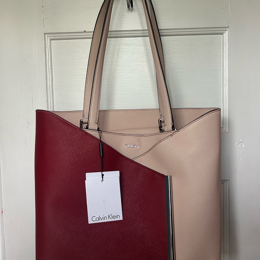 Calvin Klein Red and Light Pink Structured Tote Bag